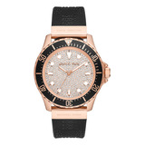 Reloj De Pulsera Michael Kors Mk7358, Analógico, Para Mujer, Fondo Blanco, Con Correa De Silicona Color Negro, Bisel Color Rosa Y Hebilla Doble