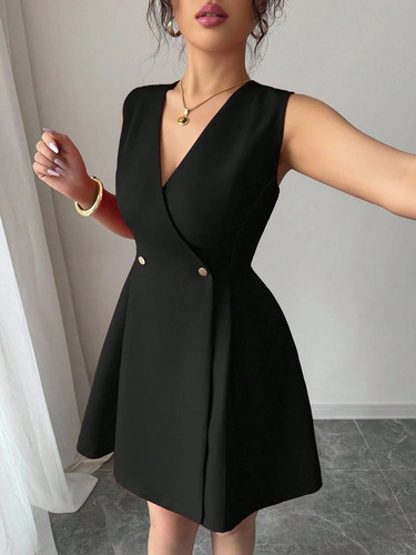 Vestido Versátil Con Cuello En V Y Doble Botonadura