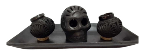 Cráneo De Barro Negro Oaxaca 100% Artesanal Y 2 Mini Vasijas