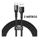 Cable Micro Usb Baseus Turbo V8 De 3 M Reforzado Con Nailon, Color Negro