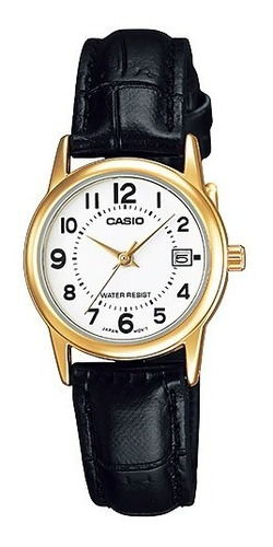 Relógio Feminino Casio Collection Analógico Couro Ou Aço Correia Preto Bisel Dourado Fundo Branco