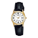 Relógio Feminino Casio Collection Analógico Couro Ou Aço Correia Preto Bisel Dourado Fundo Branco