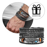 Pulsera Hombre - Pulsera Cuero Genuino - Pulseras Conjunto 4 En 1 - Pulsera Brazalete Hombre 