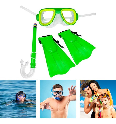 Set De Natación 3 En 1 Lentes Snorkel Aletas Colores Niños