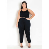 Conjunto Preto Com Cropped E Calça Plus Size