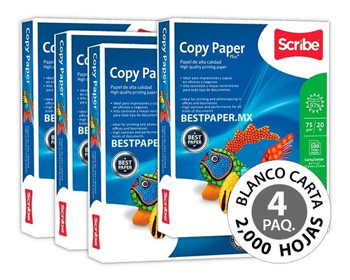 Papel Copy Paper Blanco Carta - 4 Paquetes (2,000 Hojas)