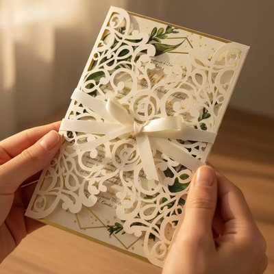 25 Invitaciones Sobres Corte Laser Marfil Hueso Gf-245 - 18x12cm