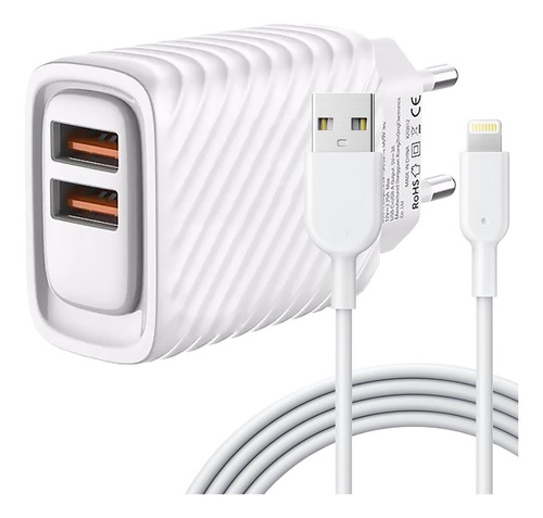 Fonte Carregador Rápido 2 Usb 3.1a Inova + Cabo Para iPhone Cor Branco