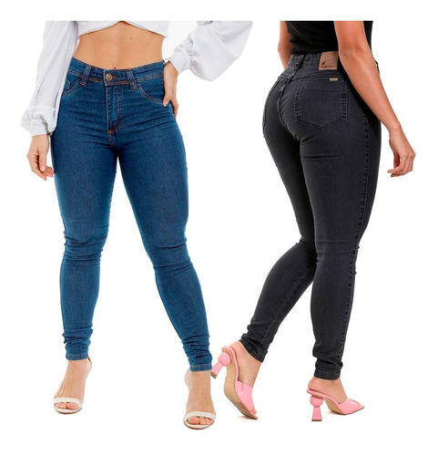 Kit 2 Calças Jeans Femininas Cintura Alta Slim Com Elastano