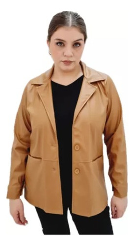 Camisaco Saco Engomado Eco Cuero Mujer Con Bolsillos Blazer 