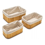 Set X 3 Canastos Cajas Organizador Bambu+tela P/ Ropa/baño