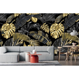 Vinilos Decorativos Mural Hojas Tropicales Dorado Y Negro