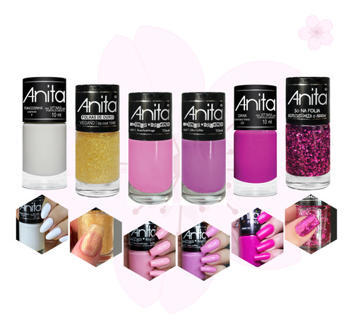 Kit Esmalte Anita Barbie Rosa Pink Glitter Folhas De Ouro