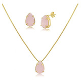 Conjunto Feminino Colar E Brincos Rosa Banhados A Ouro 18 K 