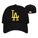 Gorra Negra Los Angeles Beisbol Logo Dorado Flex Cerrada