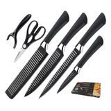 Set Juego Cuchillos Negro Con Pelador Y Tijeras Para Cocina