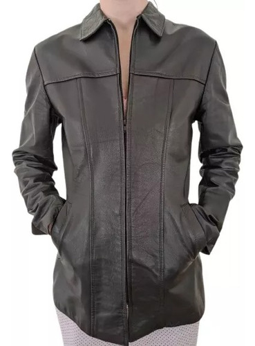 Campera De Cuero Negra Entallada De Mujer