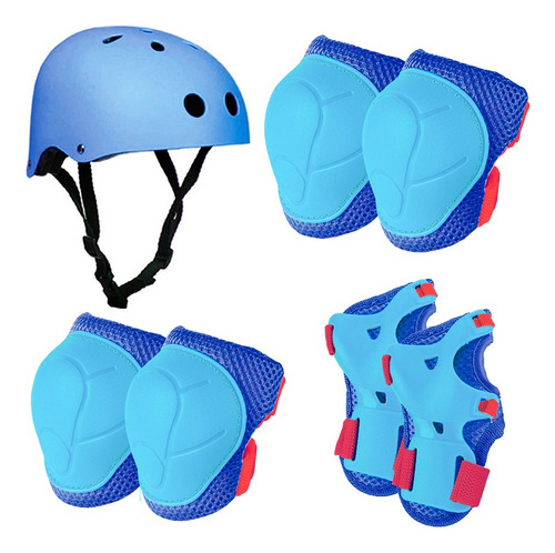 Set De Protección Niño Azul Casco Rodillera Codera Muñequera