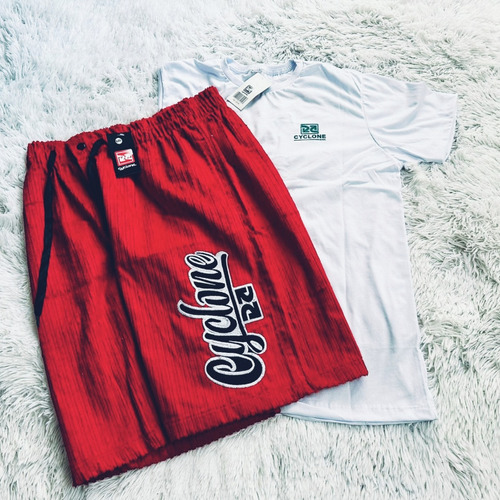 Kit Bermuda Red Veludo Cyclone Maloka E Camiseta Setas