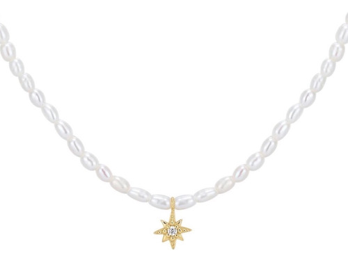 Collar De Plata 925 Oro 18k Perlas Zirconia Estrella Mujer