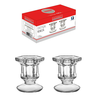 Kit 2 Castiçais De Vidro Porta Vela Enfeite Decoração Cor Translucido Haüskraft