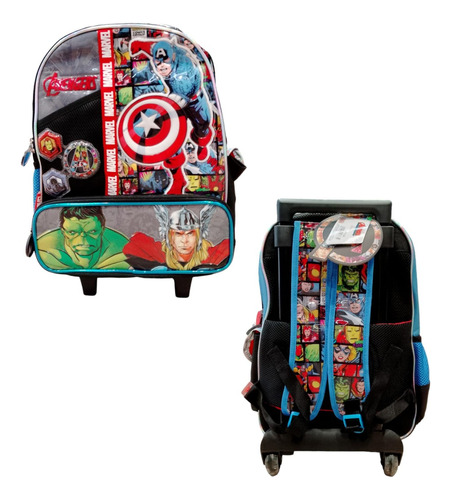 Mochila Escolar Cresko Avengers Marvel 16p Rueditas Carrito