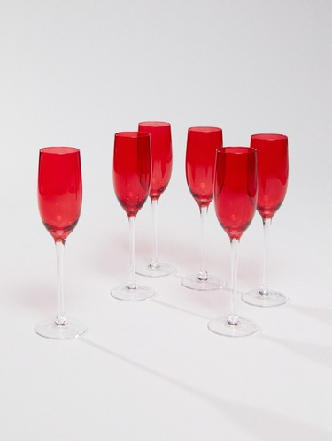 Set De 6 Copas Flauta Champagne Color Rojo Vidrio