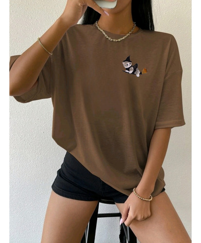 Camiseta Feminina T-shirt Oversized Estampa Gatinha Bruxinha