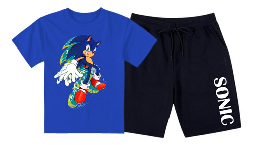 Kit Roupa Infantil Camiseta Do Sonic + Bermuda De Moletom