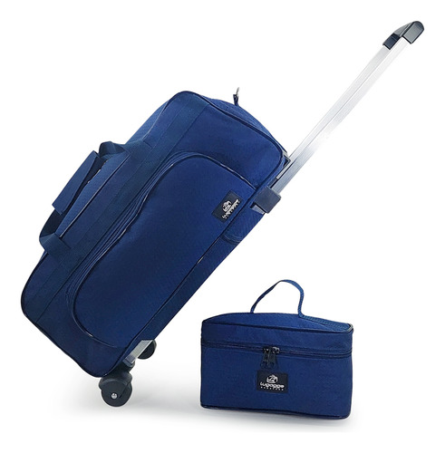 Kit Bolsa Mala Bagagem Bordo Média Viagem Rodinha Frasqueira Cor Azul-escuro Azul Marinho Geométrico