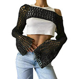 Top De Crochet Para Mujer Verano Manga Larga Y2k Streetwear