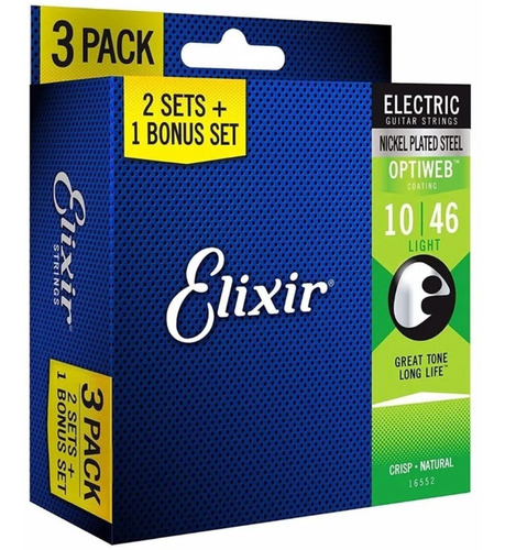 Pack 3 Encordoamentos Elixir Optiweb 010-046 16552 Guitarra