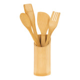 Jogo De Porta Talheres + Colher De Bambu Kit 5 Peças Cozinha