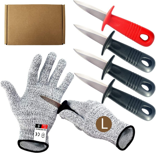 Set De 4 Cuchillos Para Abrir Ostras Y Guantes De Protección