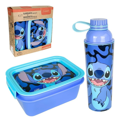 Kit Garrafa Marmita Stitch Disney Infantil Lancheira Esolar