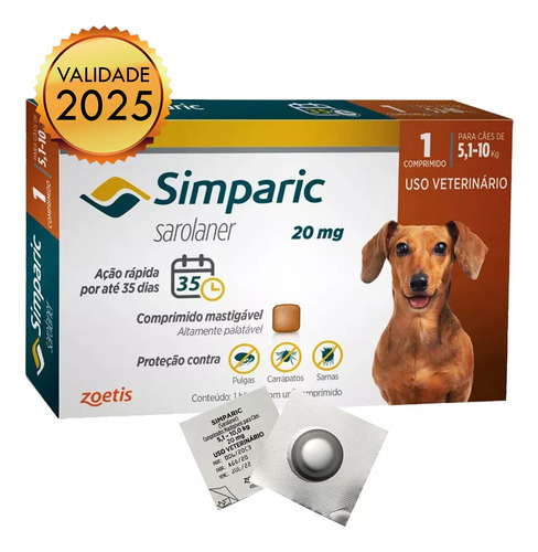 Antipulgas Simparic 20mg Cães 5 A 10kg 1 Comprimido Avulso