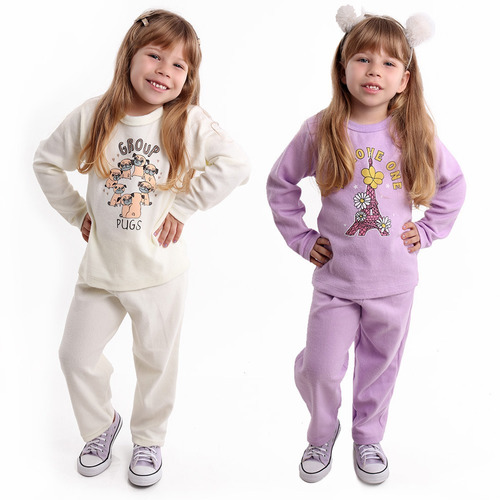 2 Conjunto Feminino Infantis Juvenil Tecido Plush De Inverno