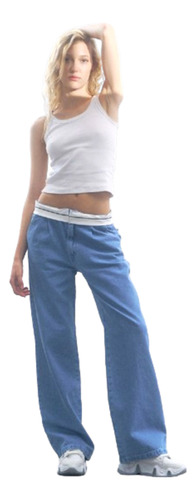 Pantalón Jean Wide Leg Jean Rígido Con Aplique  Denim