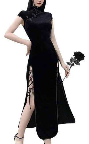 Vestido Cheongsam De Manga Corta Gótico Negro De Mujer