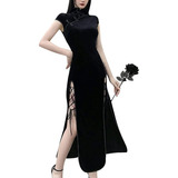 Vestido Cheongsam De Manga Corta Gótico Negro De Mujer