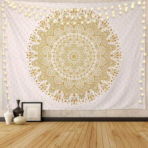 Tapiz Mandala Blanco Dorado Para Colgar En La Pared Psychede