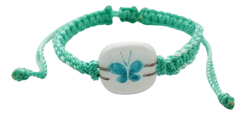 Pulsera Tejida Macramé Mariposita Pintada A Mano Ajustable Color Turquesa Diámetro 7 Cm Largo 14 Cm