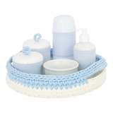 Kit Higiene Crochê Completo Porcelanas Garrafa Pequena Azul