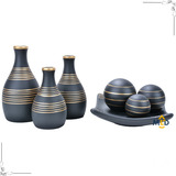 Kit 6 Peças Completo Par Decoração De Sala Mesa Enfeite Rack Cor Preto Listra Trio Vasos + Fruteira