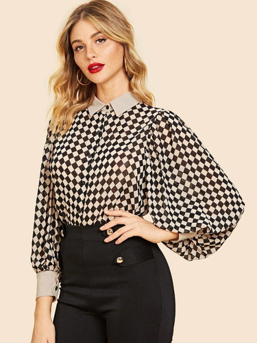 Blusa Camisa Feminina Social Elegante Xadrez Minelvas