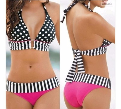 Bikini Alto Negro Con Fucsia