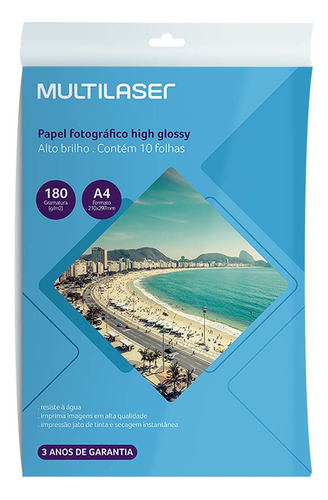 Papel Multilaser Fotográfico Glossy A4 180g/m2 10fls  Pe030