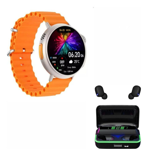 Relógio Smartwatch Redondo Pulseira Laranja  Hw3 Ultra Max  