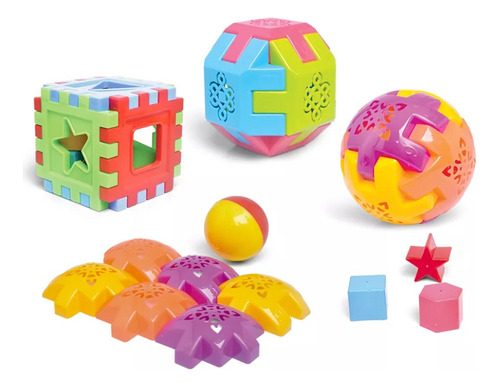 Kit 3 Brinquedos Infantil Bola Cubo Bola Quadrada Didático