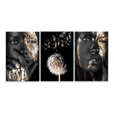 Quadro Mulheres Negras 180x90 Flor Canvas Maquiagem Dourada